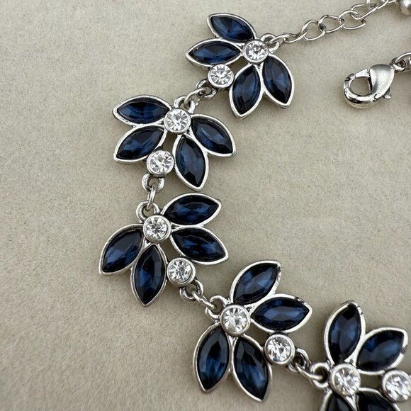 Floral Blue Rhinestone Bracelet With Silver-Tone Setting & Adjustable Lobster Cl - Picture 4 of 7
